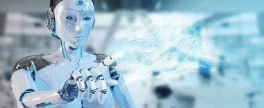 Yapay zeka 3d render oluşturma bulanık arka plan üzerinde beyaz kadın insanımsı