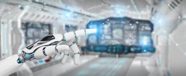 Beyaz robot el dijital ağ bağlantısı 3B oluşturmayı kullanarak arka plan bulanık üzerinde