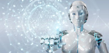 Dijital ekran arabirimi 3d rendering kullanarak arka plan bulanık beyaz kadın robot