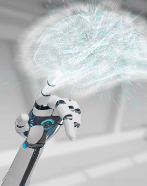 Beyaz insansı el bulanık arka plan yapay zeka 3d render oluşturma