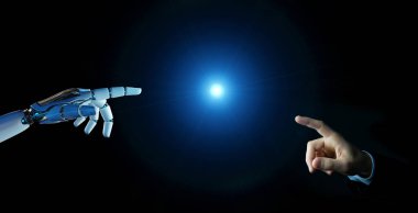 Koyu arka plan 3d render üzerinde insan parmağı dokunmak beyaz cyborg parmak