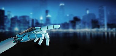 Beyaz cyborg uzay arka plan 3d render onun parmak işaret