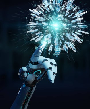 Beyaz robot el bulanık arka plan dijital dünya insanlar 3d render bağlanmak için kullanma