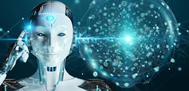 Beyaz kadın insanımsı dijital küresel ağ 3B oluşturmayı kullanarak arka plan bulanık üzerinde