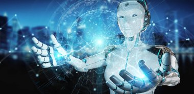 Planet Earth arabirimi 3d rendering kullanarak bulanık arka plan üzerinde beyaz kadın cyborg