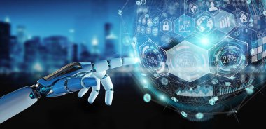 Beyaz cyborg el dijital grafik arabirimi 3d rendering kullanarak arka plan bulanık üzerinde