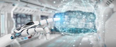 Beyaz cyborg el planet Earth arabirimi 3d rendering kullanarak arka plan bulanık üzerinde