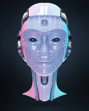 Cyborg baş yapay zeka üzerinde mavi arka plan 3d render izole