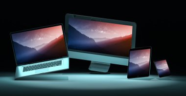 Modern dijital gümüş teknik cihaz içinde karanlık geçmiş 3d render