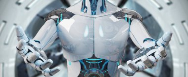 Onun iki açılış beyaz erkek robot uzay arka plan 3d render eller
