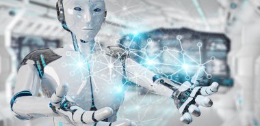 Dijital ağ bağlantısı 3B oluşturmayı kullanarak bulanık arka plan üzerinde beyaz kadın cyborg