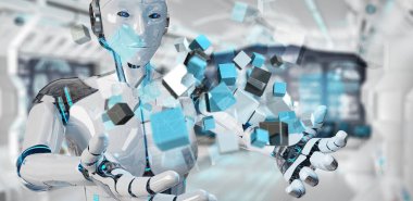 Mavi dijital küp yapısını 3B oluşturmayı kullanarak bulanık arka plan üzerinde beyaz cyborg