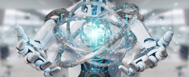 Geleceğin teknolojisi yapısı 3d render oluşturma bulanık arka plan üzerinde beyaz robot