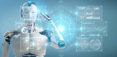 Dijital veriler arabirimi 3d rendering kullanarak bulanık arka plan üzerinde beyaz erkek cyborg