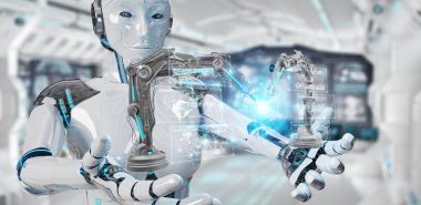 Beyaz kadın robot robotik kol dijital ekran 3d rendering ile kullanarak arka plan bulanık