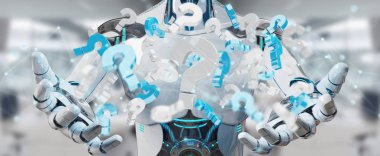 Dijital soru işaretleri 3B oluşturmayı kullanarak arka plan bulanık beyaz robot