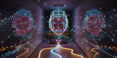 Mavi turuncu ve pembe cyborg hologram bir metro iç 3d render tarassut