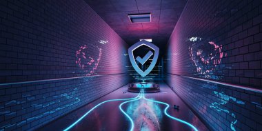 Mavi ve pembe yeraltı siber güvenlik hologram ile dijital kalkan 3d render
