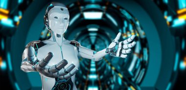 Onun iki açılış beyaz kadın robot uzay arka plan 3d render eller