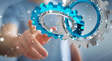 İşadamı üzerinde kayan dişli simgeler 3d rendering kullanarak arka plan bulanık