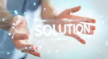 İşadamı çözüm dijital metin 3d rendering kullanarak arka plan bulanık üzerinde