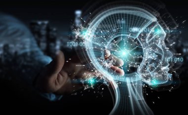 İşadamı dijital yapay zeka arabirimi 3d rendering kullanarak arka plan bulanık üzerinde