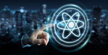 İşadamı modern molekül yapısı 3B oluşturmayı kullanarak arka plan bulanık üzerinde