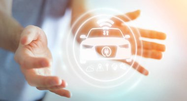 İşadamı arka plan bulanık modern akıllı araba arabirimi 3d render