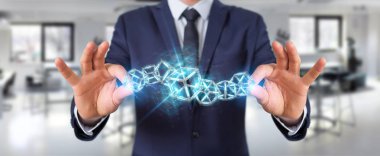 Dijital mavi Blockchain 3d render kullanarak arka plan bulanık üzerinde işadamı