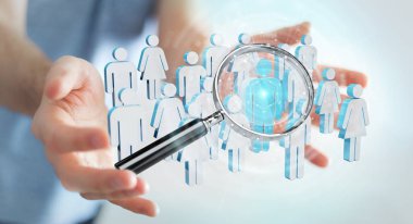 Businessman on blurred using magnifying glass to recruit people 3D rendering clipart