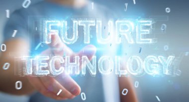 Geleceğin teknolojisi metin arabirimi 3d rendering kullanarak arka plan bulanık üzerinde işadamı