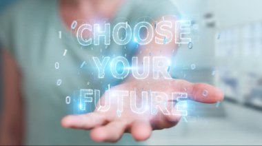 İşkadını gelecek metin arabirimi 3d rendering kullanarak arka plan bulanık üzerinde