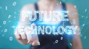 İşkadını geleceğin teknolojisi metin arabirimi 3d rendering kullanarak arka plan bulanık üzerinde