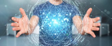 İşadamı dijital üçgen küre hologram 3d render patlayan kullanarak arka plan bulanık üzerinde