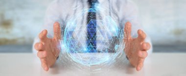İşadamı dijital üçgen küre hologram 3d render patlayan kullanarak arka plan bulanık üzerinde