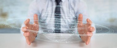 İşadamı dijital küre bağlantısı hologram 3B oluşturmayı kullanarak arka plan bulanık üzerinde
