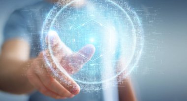 İşadamı dijital küre bağlantısı hologram 3B oluşturmayı kullanarak arka plan bulanık üzerinde