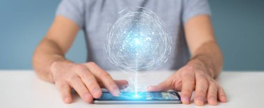 İşadamı dijital üçgen küre hologram 3d render patlayan kullanarak arka plan bulanık üzerinde