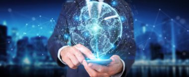 İşadamı üzerinde küre ağ hologram Amerika ABD harita 3d render ile kullanarak arka plan bulanık