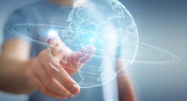 İşadamı üzerinde küre ağ hologram Amerika ABD harita 3d render ile kullanarak arka plan bulanık