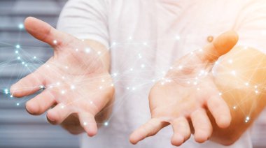 Bulanık arkaplanda uçan ağ bağlantısı 3D görüntüleme kullanan bir işadamı