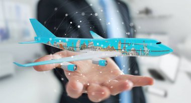 İşadamı çınar ve ünlü simgelerinden dünya 3d render ile bulanık arka plan üzerinde