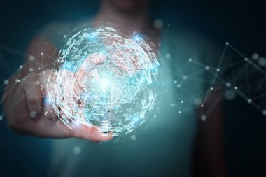 İşkadını bağlantıları ile bir lighbulb onun el 3d render holding arka plan bulanık üzerinde