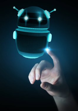 İşkadını dijital sohbet etmek robot uygulama 3d rendering kullanarak arka plan bulanık üzerinde