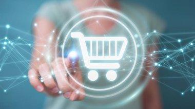 İşkadını dijital alışveriş simgeleri ile bağlantıları 3B oluşturmayı kullanarak arka plan bulanık üzerinde