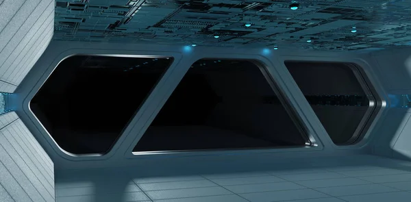 Nave Espacial Futurista Gris Azul Interior Con Vista Una Ventana —  Fotos de Stock