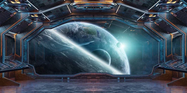 Grunge uzay gemisi Mavi ve turuncu iç uzak sistem 3d işleme öğeleri Nasa tarafından döşenmiş bu görüntünün üzerinde manzaralı