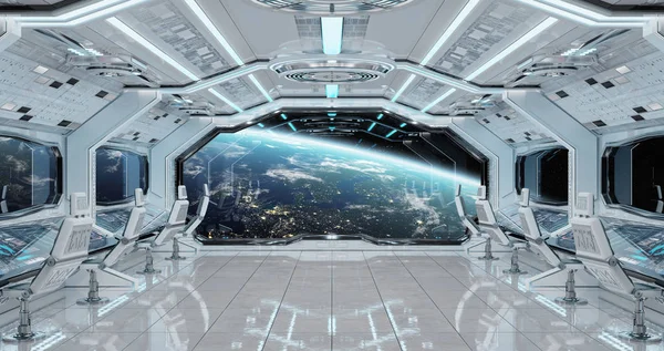 Witte Schone Ruimteschip Interieur Met Uitzicht Planeet Aarde Weergave Elementen — Stockfoto