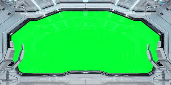 White clean spaceship interior with green background 3D rendering