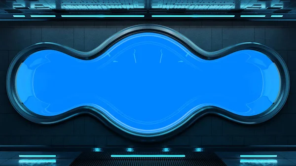 Black tech spaceship round window interior with blue background 3D rendering
